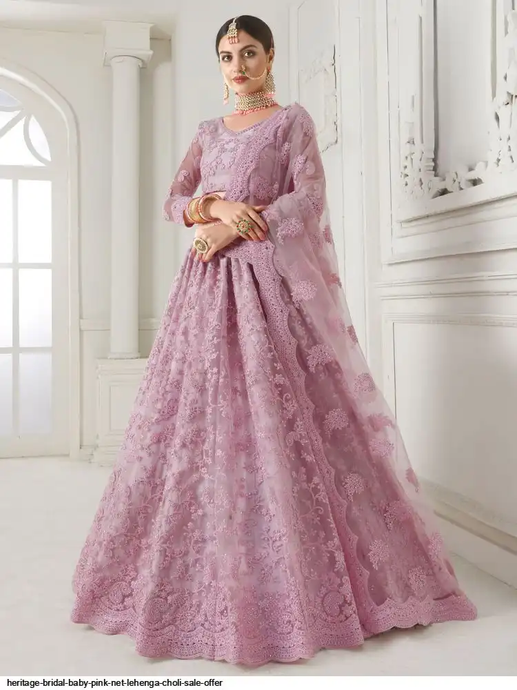 HERITAGE BRIDAL BABY PINK NET LEHENGA CHOLI SALE OFFER