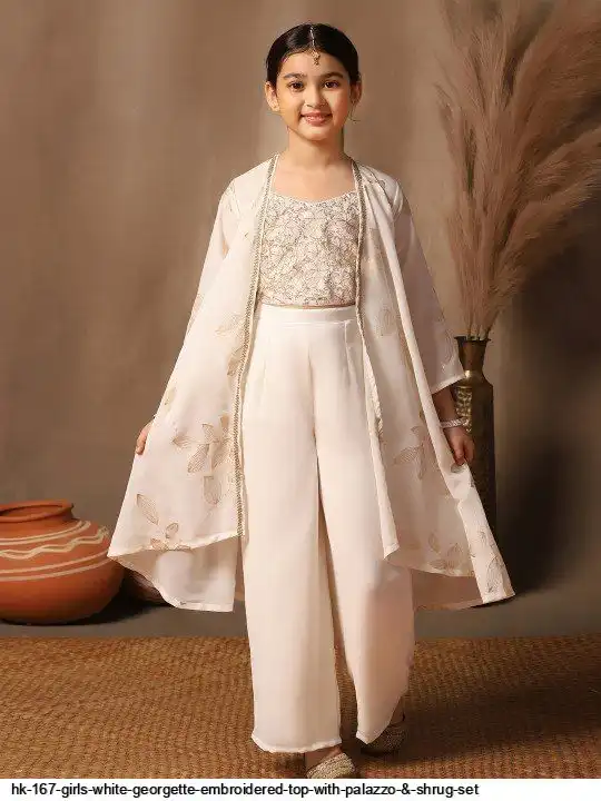 HK 167 GIRLS WHITE GEORGETTE EMBROIDERED TOP WITH PALAZZO SHRUG SET A