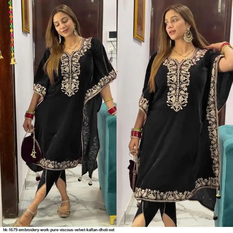 HK 1679 EMBROIDERY WORK PURE VISCOUS VELVET KAFTAN DHOTI SET A