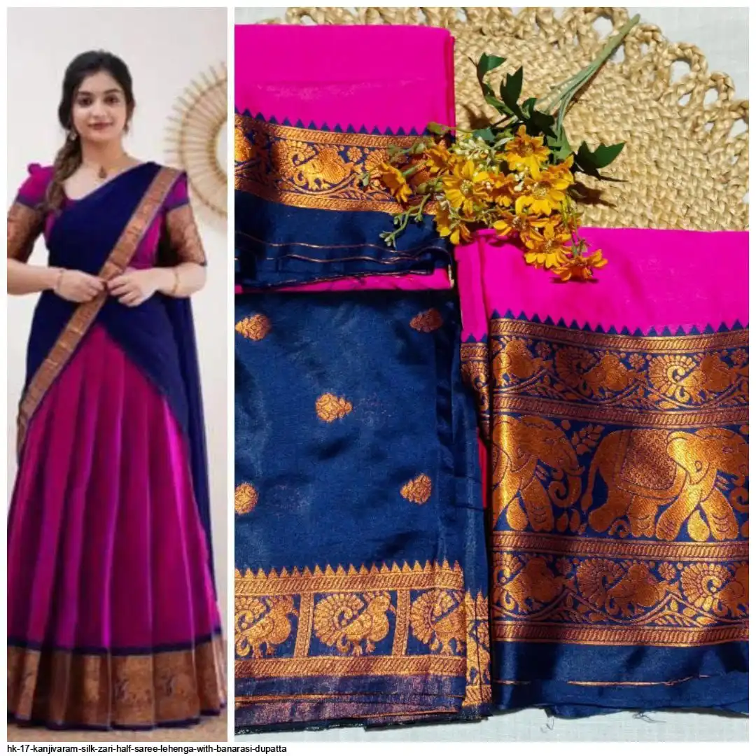 HK 17 KANJIVARAM SILK ZARI HALF SAREE LEHENGA WITH BANARASI DUPATTA F