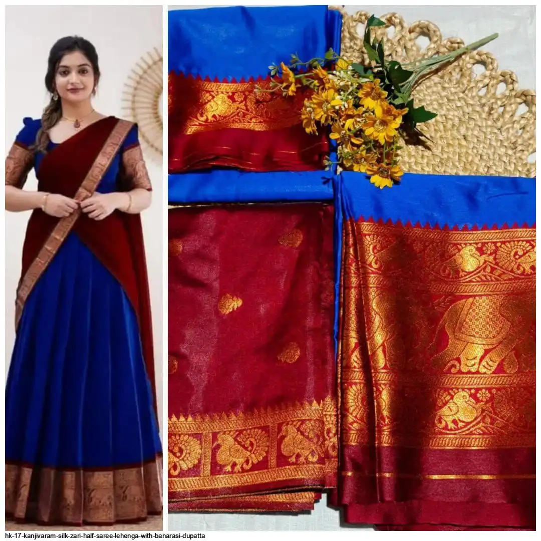 HK 17 KANJIVARAM SILK ZARI HALF SAREE LEHENGA WITH BANARASI DUPATTA E