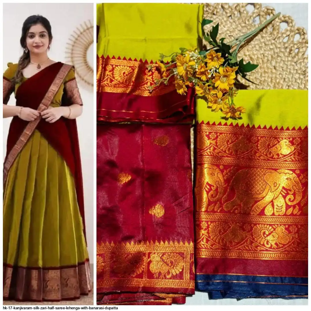 HK 17 KANJIVARAM SILK ZARI HALF SAREE LEHENGA WITH BANARASI DUPATTA G