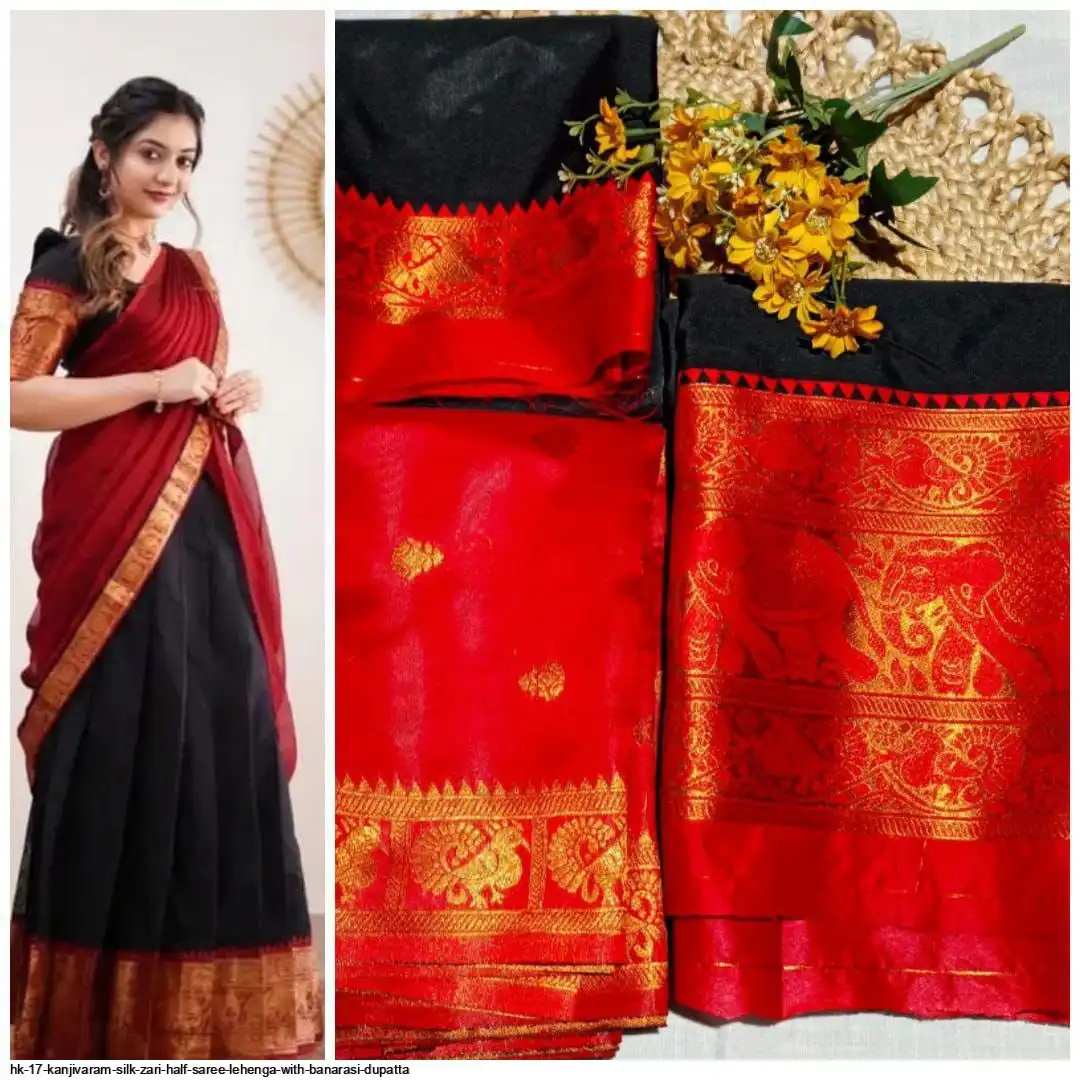 HK 17 KANJIVARAM SILK ZARI HALF SAREE LEHENGA WITH BANARASI DUPATTA C