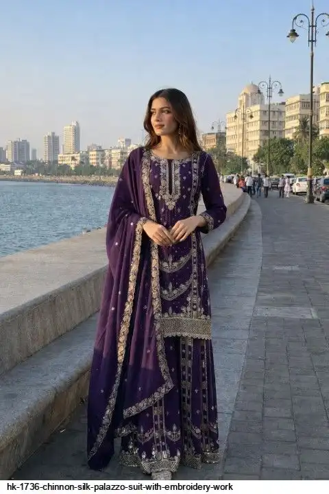HK 1736 CHINNON SILK PALAZZO SUIT WITH EMBROIDERY WORK D
