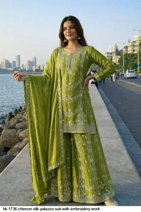 HK 1736 CHINNON SILK PALAZZO SUIT WITH EMBROIDERY WORK A