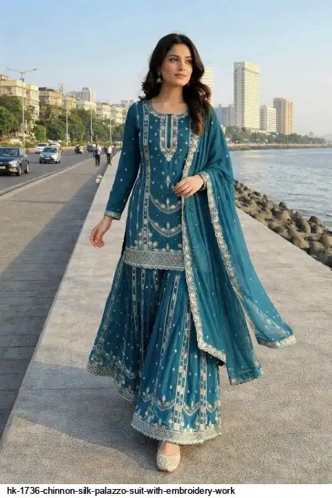HK 1736 CHINNON SILK PALAZZO SUIT WITH EMBROIDERY WORK B