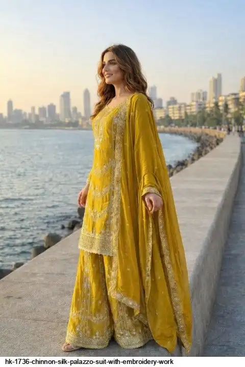 HK 1736 CHINNON SILK PALAZZO SUIT WITH EMBROIDERY WORK C