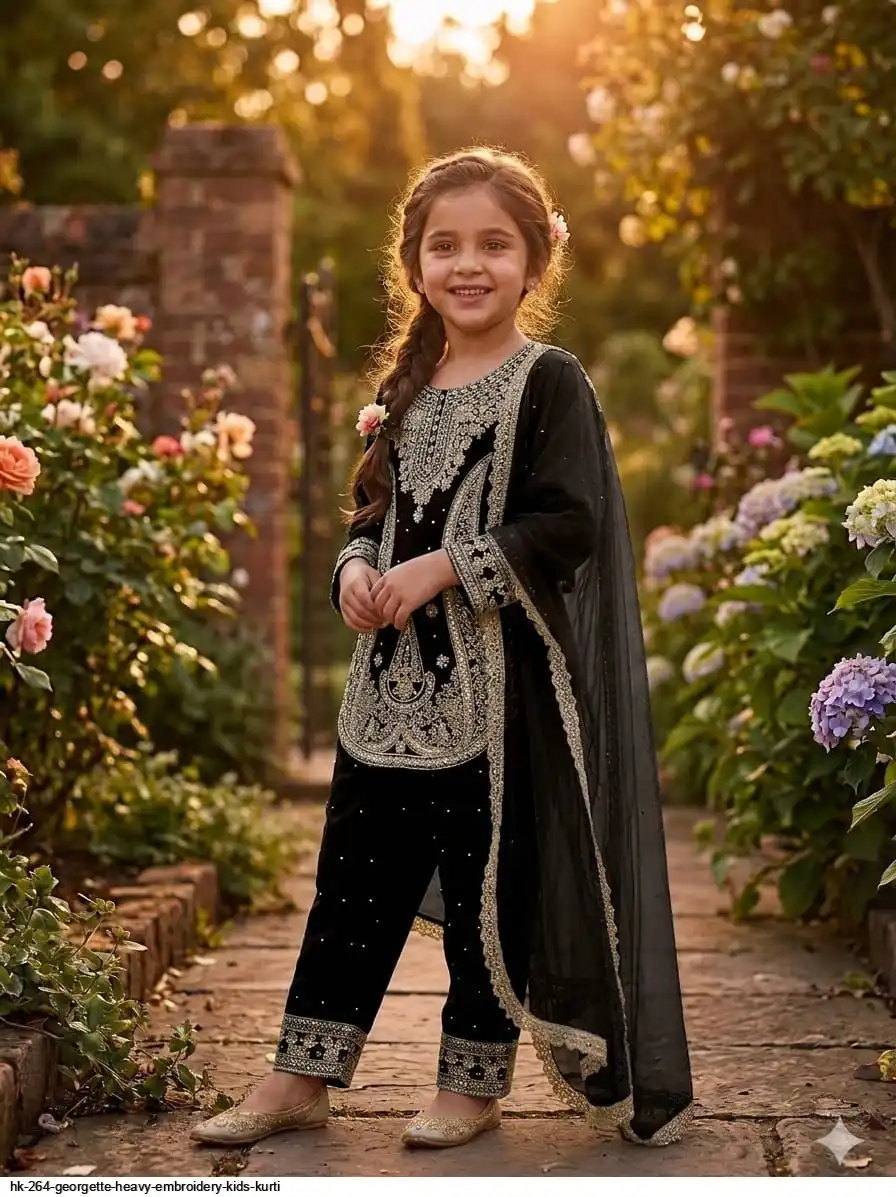 HK 264 GEORGETTE HEAVY EMBROIDERY KIDS KURTI 2