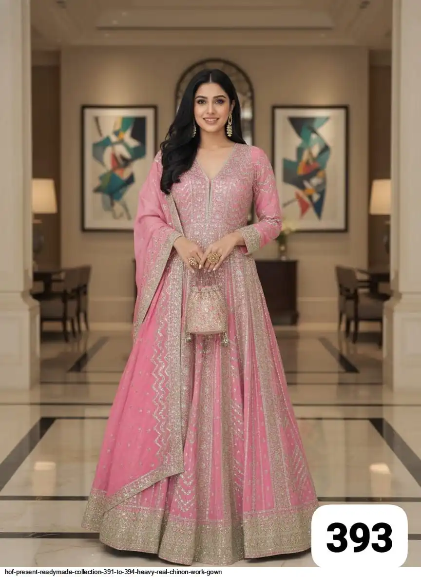 HOF PRESENT READYMADE COLLECTION 391 TO 394 HEAVY REAL CHINON WORK GOWN 393