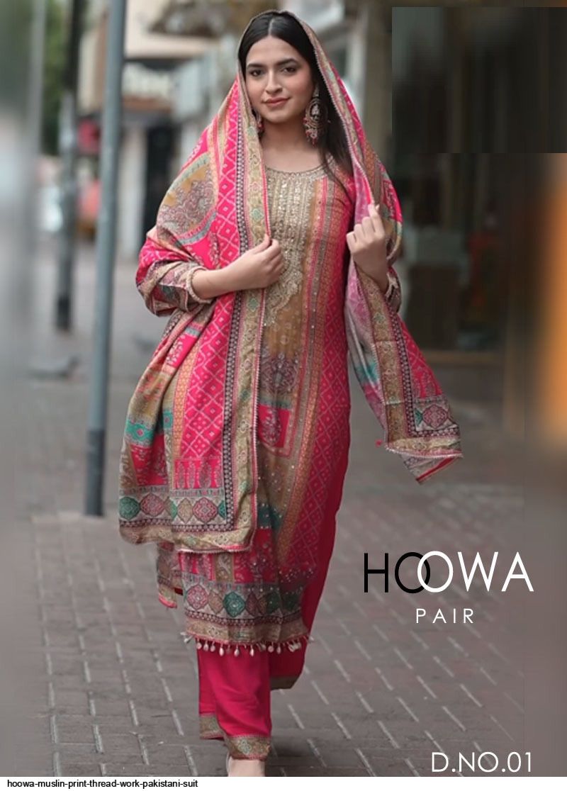 HOOWA MUSLIN PRINT THREAD WORK PAKISTANI SUIT B