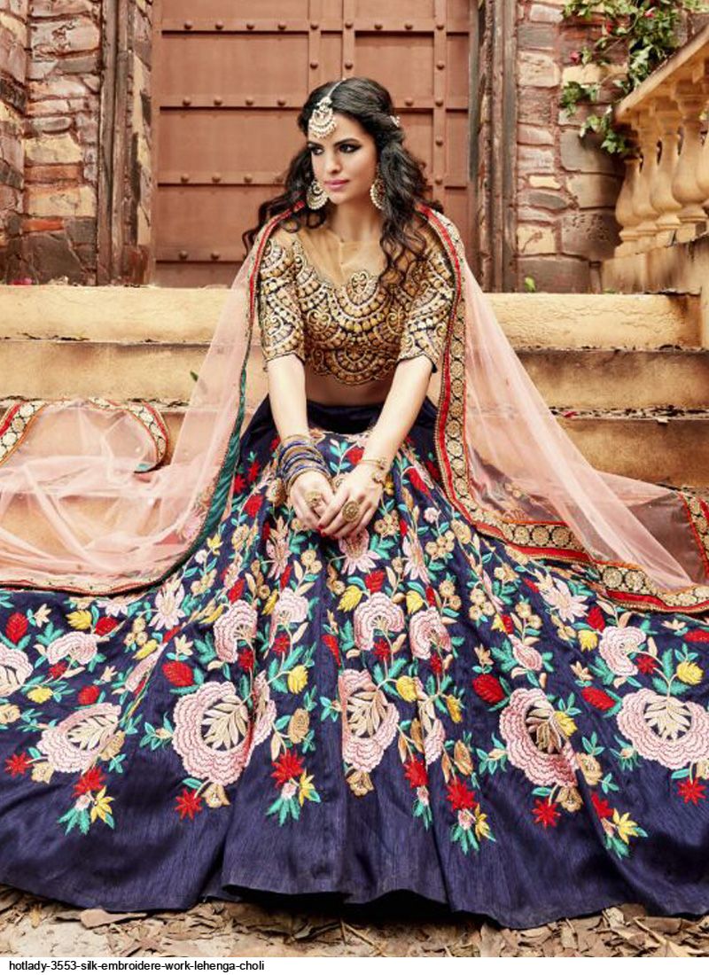 Peach & Red Party Wear Embroidered & embellished Silk Lehenga Choli