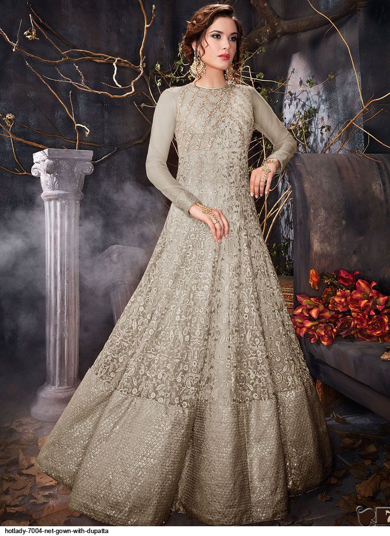 Soft Premium Net Wedding wear Readymade Gown in Light Grey with Embroidery  & Stone work - Gown - Sale