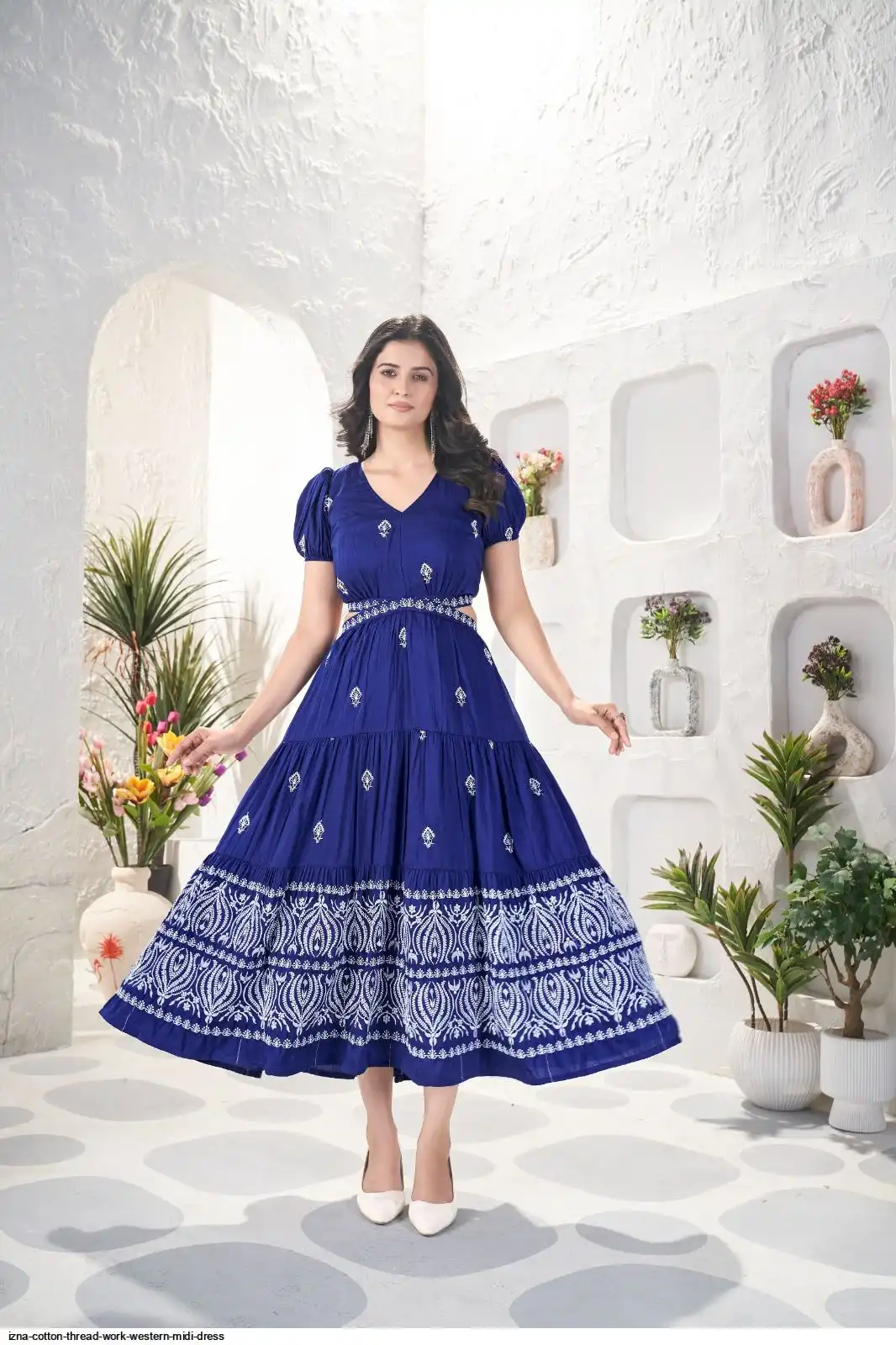 IZNA COTTON THREAD WORK WESTERN MIDI DRESS