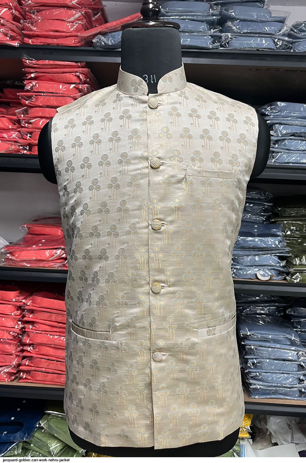 New Designer Men Bottle Green Brocade Nehru Jacket With Golden Work By –  Yard of Deals
