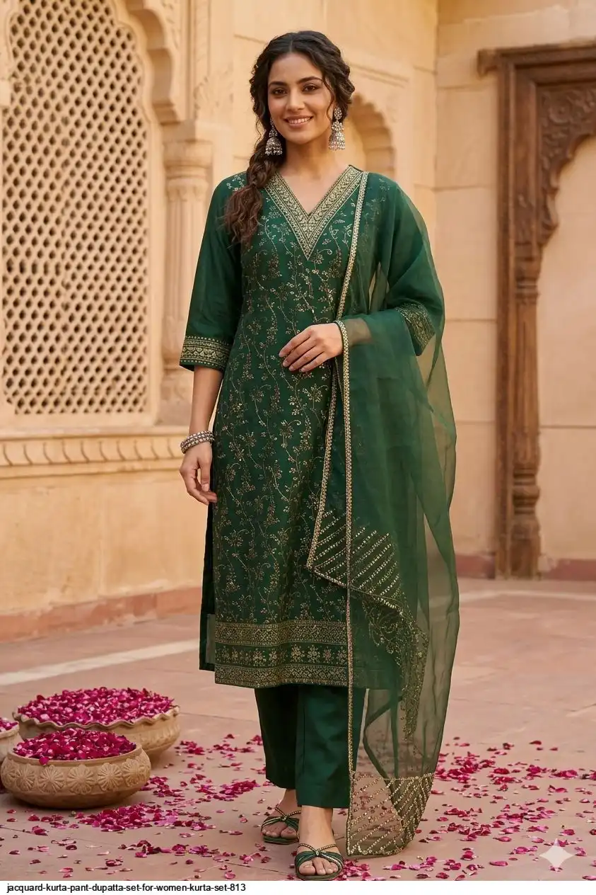JACQUARD KURTA PANT DUPATTA SET FOR WOMEN KURTA SET 813 E