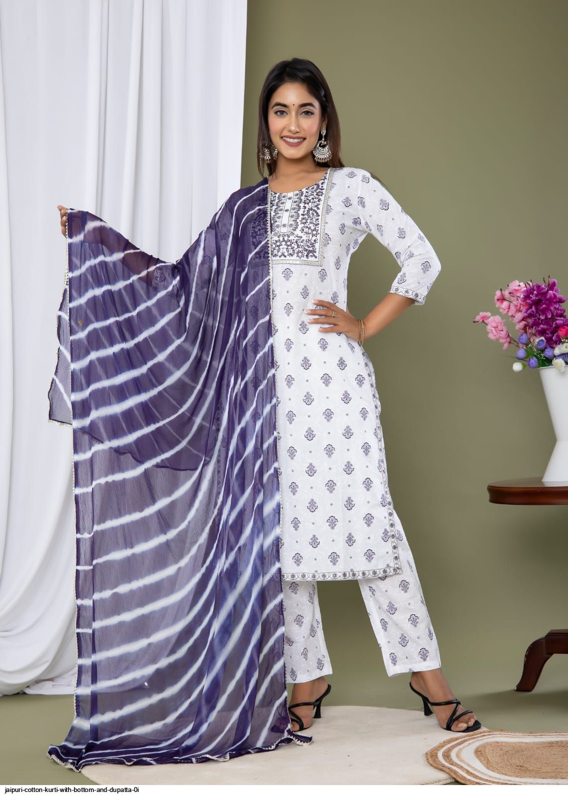 JAIPURI COTTON KURTI WITH BOTTOM AND DUPATTA 0i