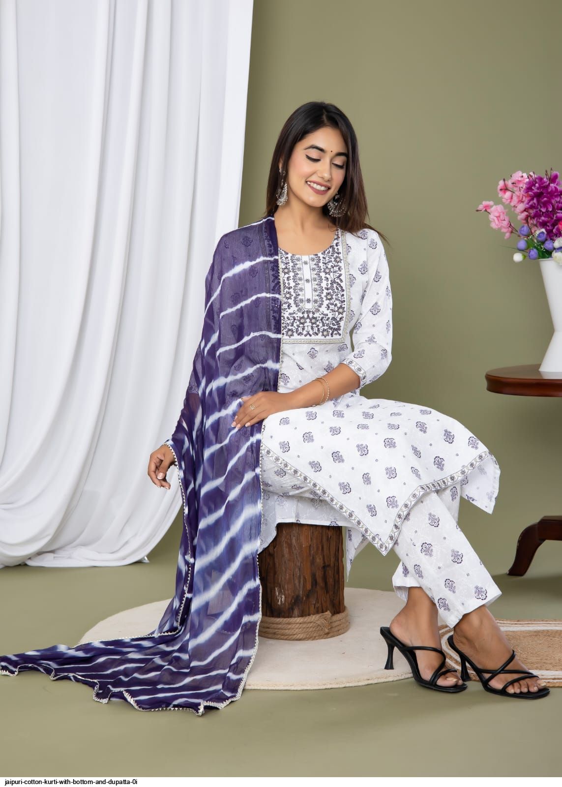 JAIPURI COTTON KURTI WITH BOTTOM AND DUPATTA 0i