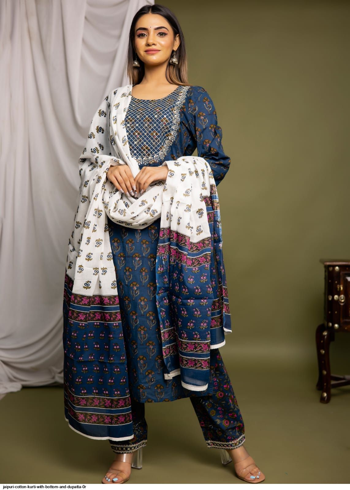 JAIPURI COTTON KURTI WITH BOTTOM AND DUPATTA 0R