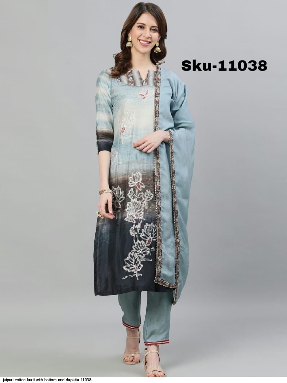 JAIPURI COTTON KURTI WITH BOTTOM AND DUPATTA 11038