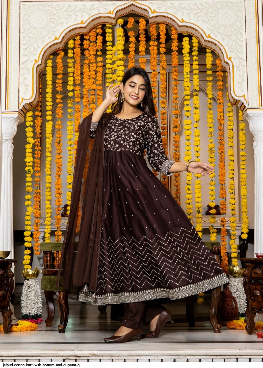 JAIPURI cotton KURTI WITH BOTTOM AND DUPATTA Q