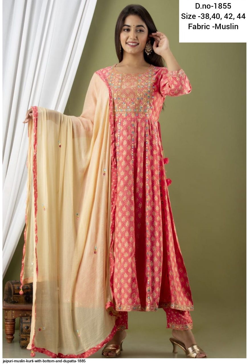 JAIPURI MUSLIN KURTI WITH BOTTOM AND DUPATTA 1885