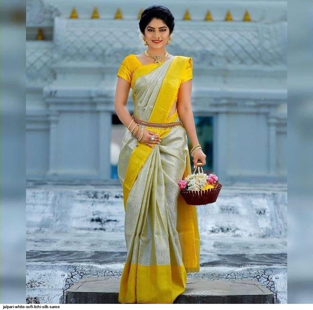 JALPARI WHITE SOFT LICHI SILK SAREE
