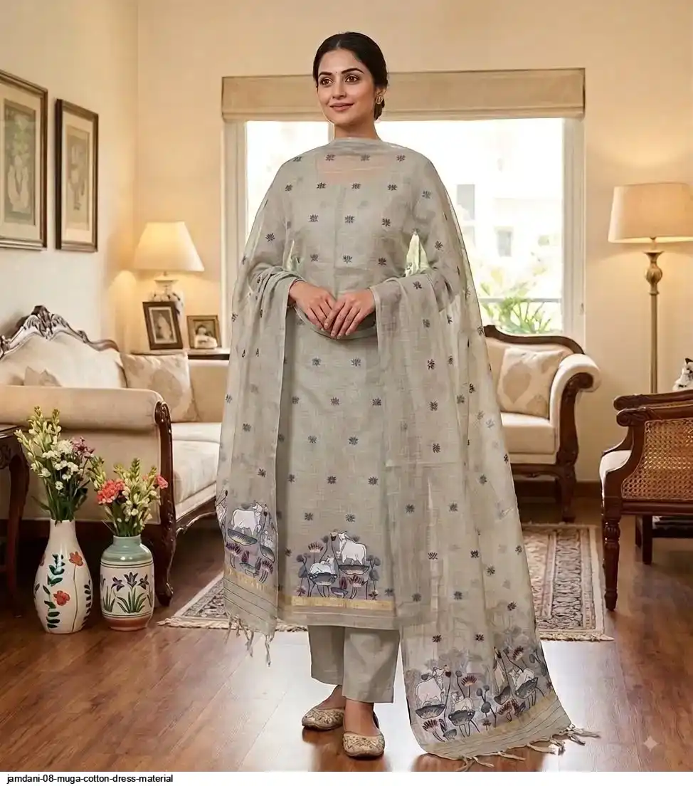 Muga Cotton 3 pc Jamdani Salwar Suit Dress Material Jamdani Pichwai Weaving