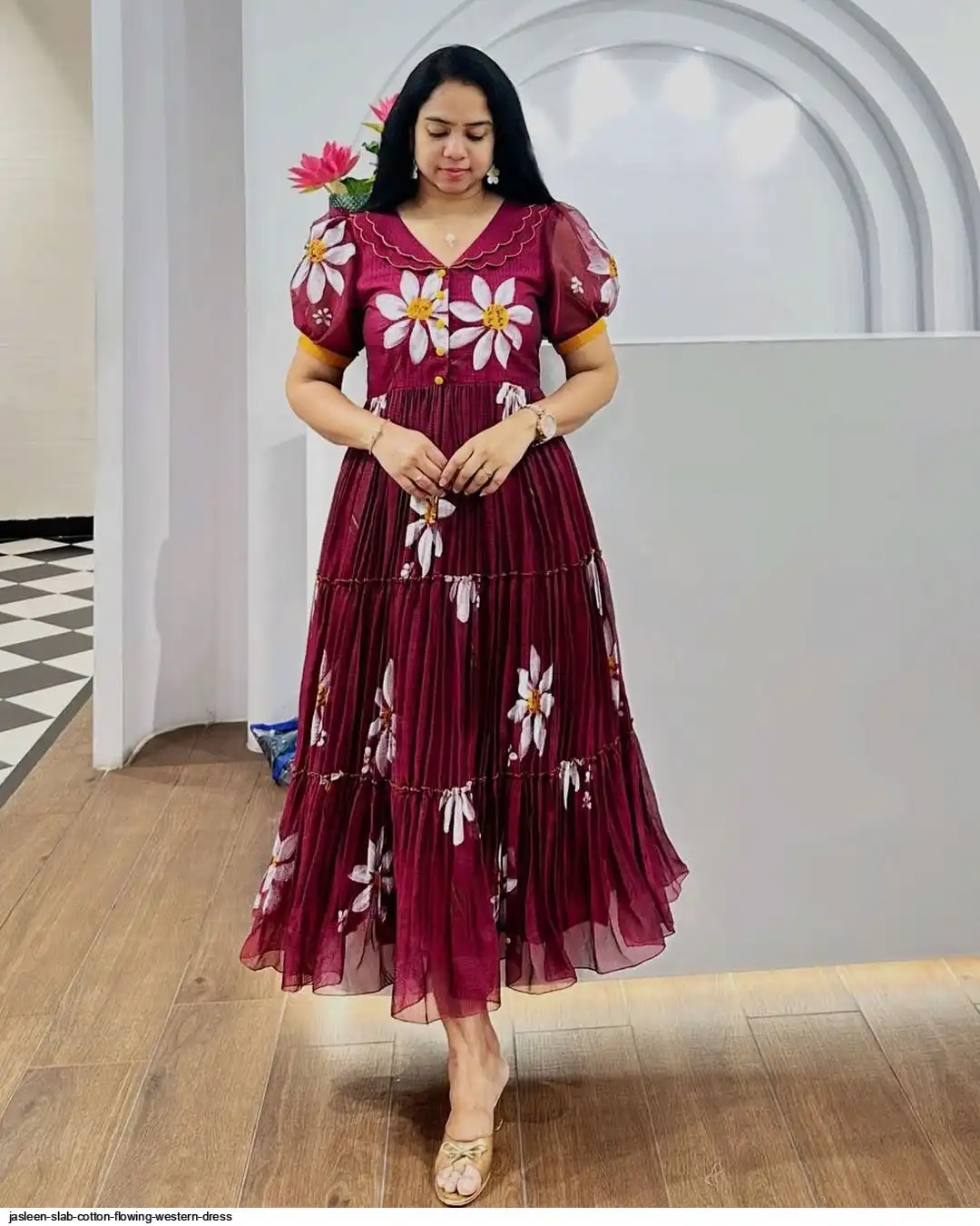 JASLEEN SLAB COTTON FLOWING WESTERN DRESS