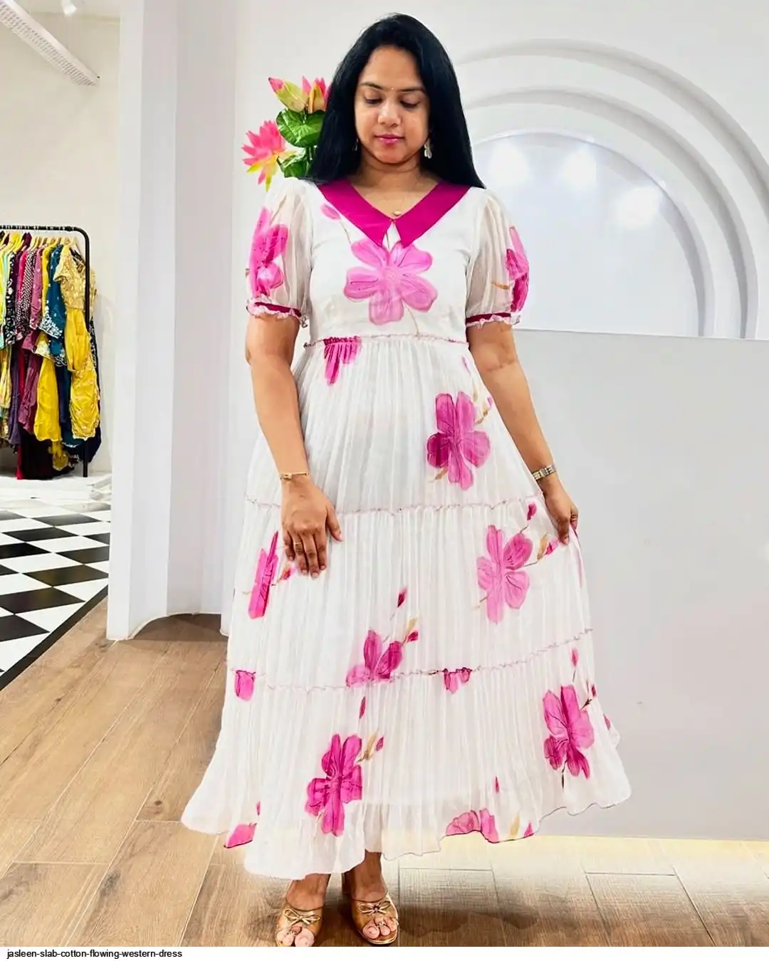 JASLEEN SLAB COTTON FLOWING WESTERN DRESS C