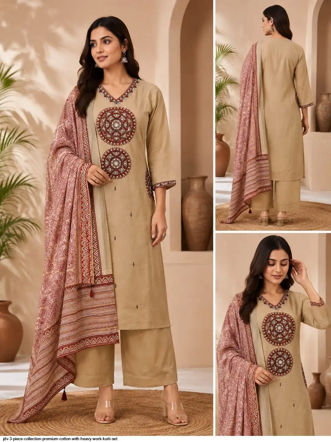 JDV 3 PIECE COLLECTION PREMIUM COTTON WITH HEAVY WORK KURTI SET C