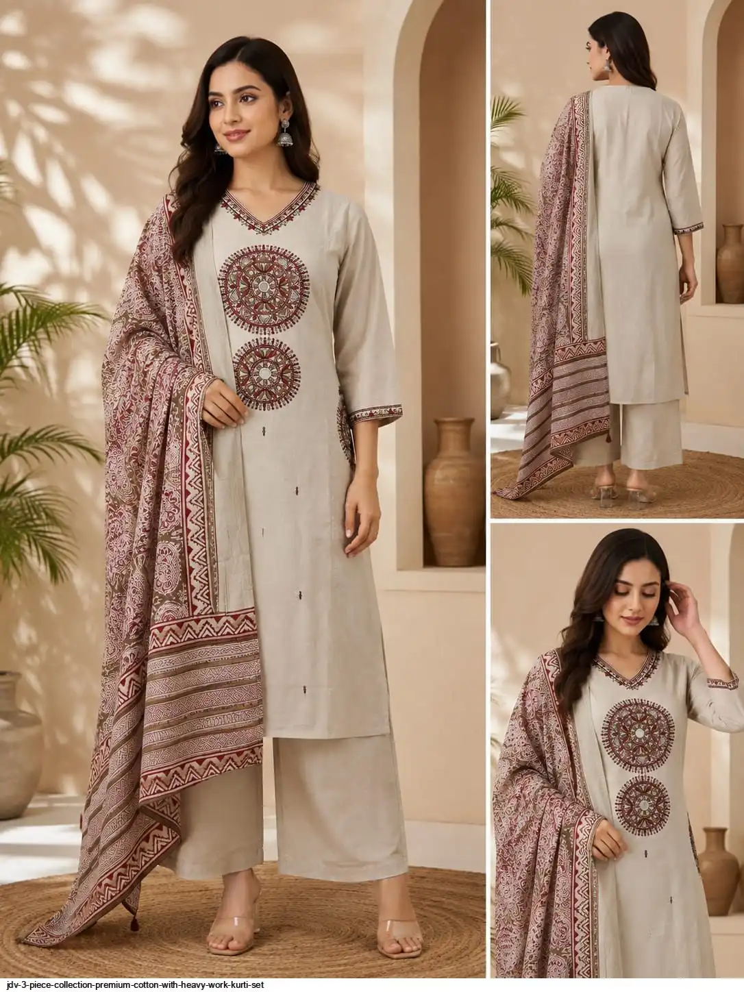 JDV 3 PIECE COLLECTION PREMIUM COTTON WITH HEAVY WORK KURTI SET D
