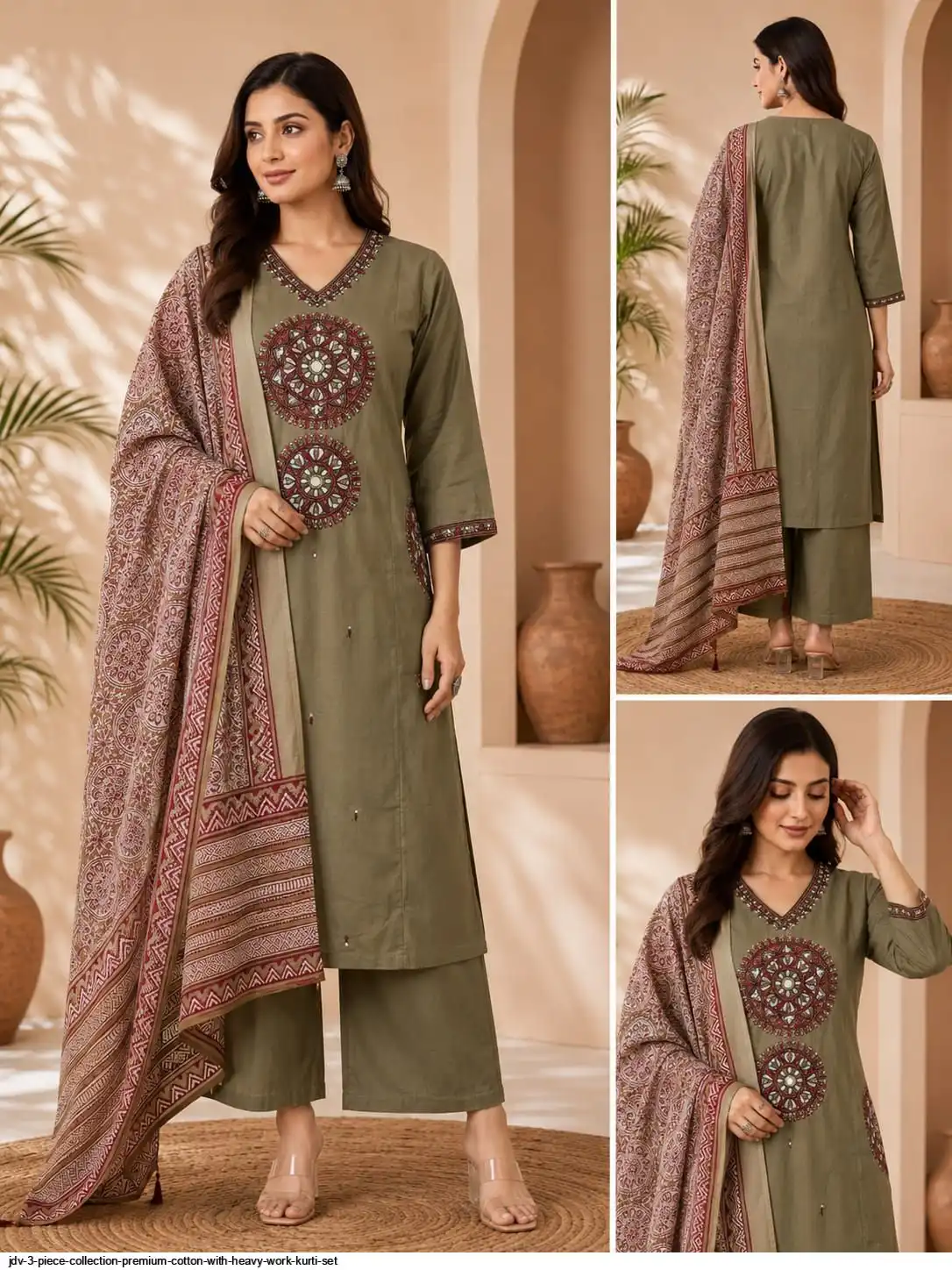 JDV 3 PIECE COLLECTION PREMIUM COTTON WITH HEAVY WORK KURTI SET A