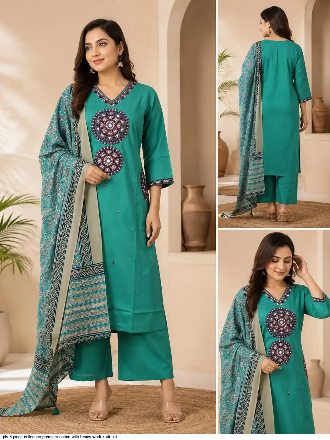 JDV 3 PIECE COLLECTION PREMIUM COTTON WITH HEAVY WORK KURTI SET F