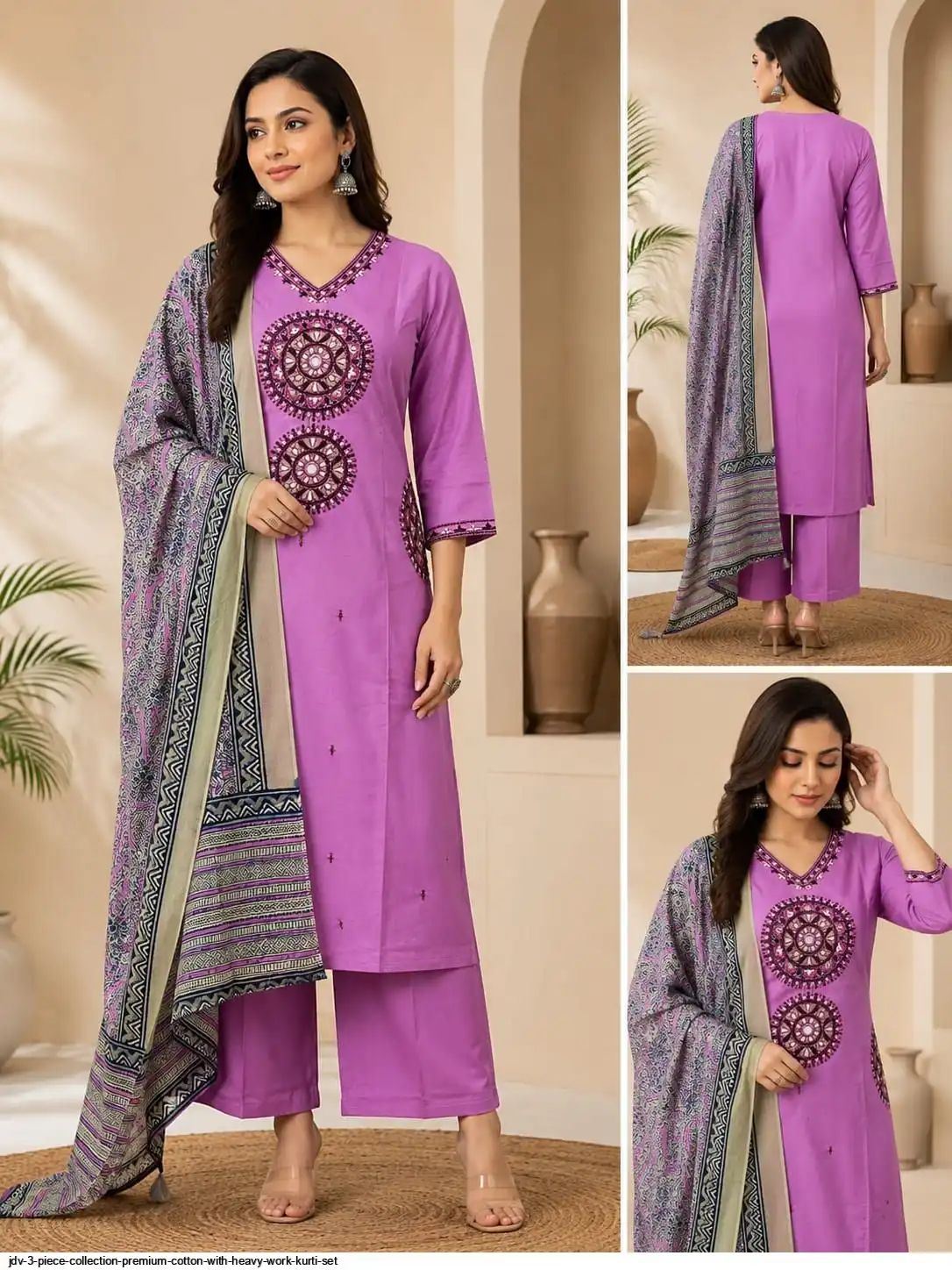 JDV 3 PIECE COLLECTION PREMIUM COTTON WITH HEAVY WORK KURTI SET E