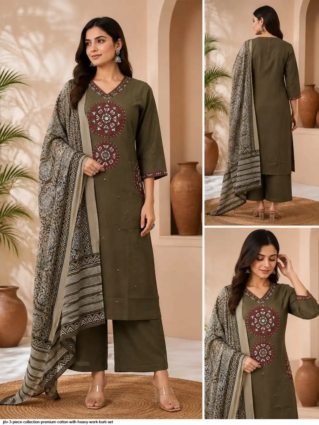 JDV 3 PIECE COLLECTION PREMIUM COTTON WITH HEAVY WORK KURTI SET B