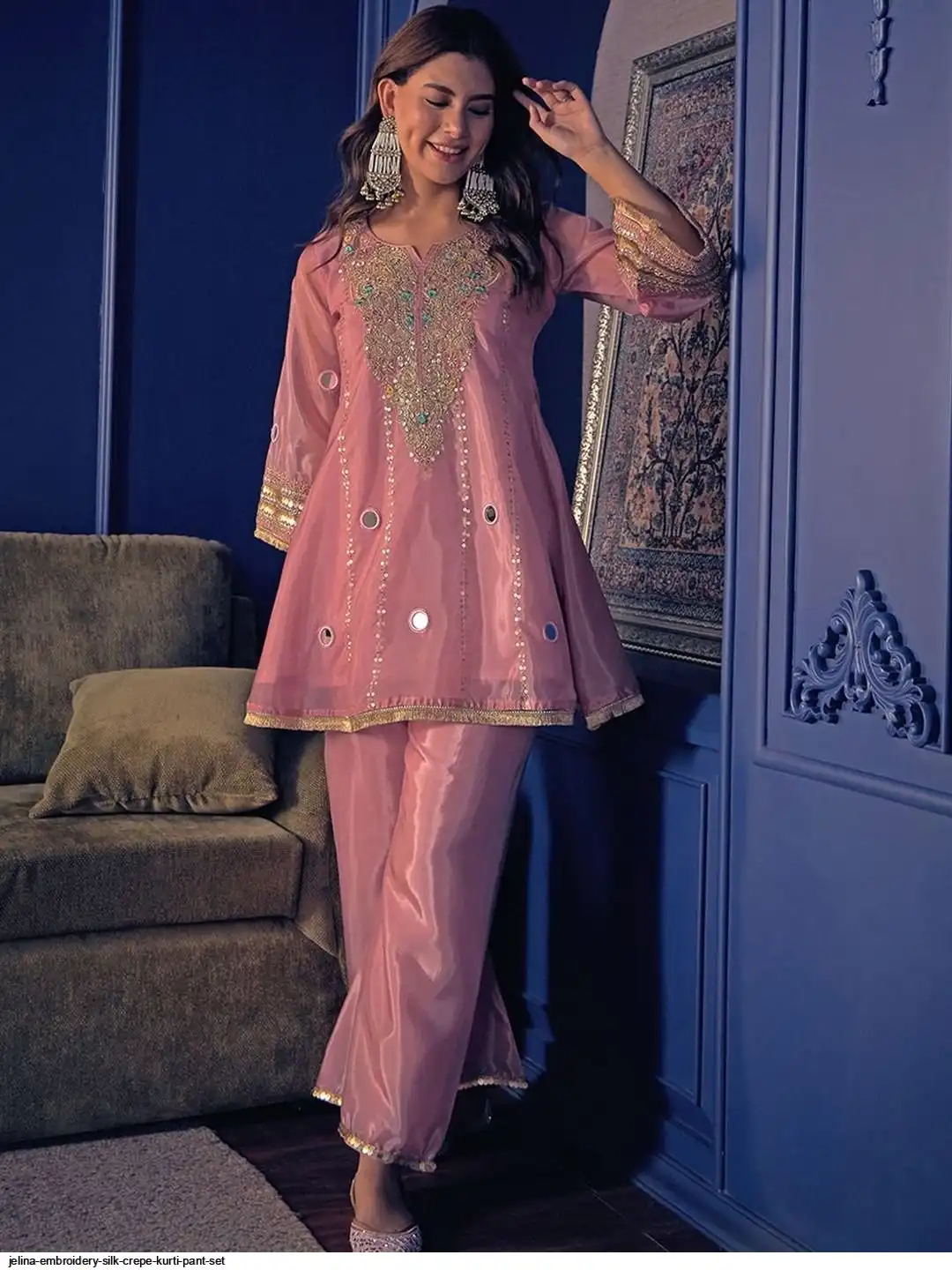 JELINA EMBROIDERY SILK CREPE KURTI PANT SET B