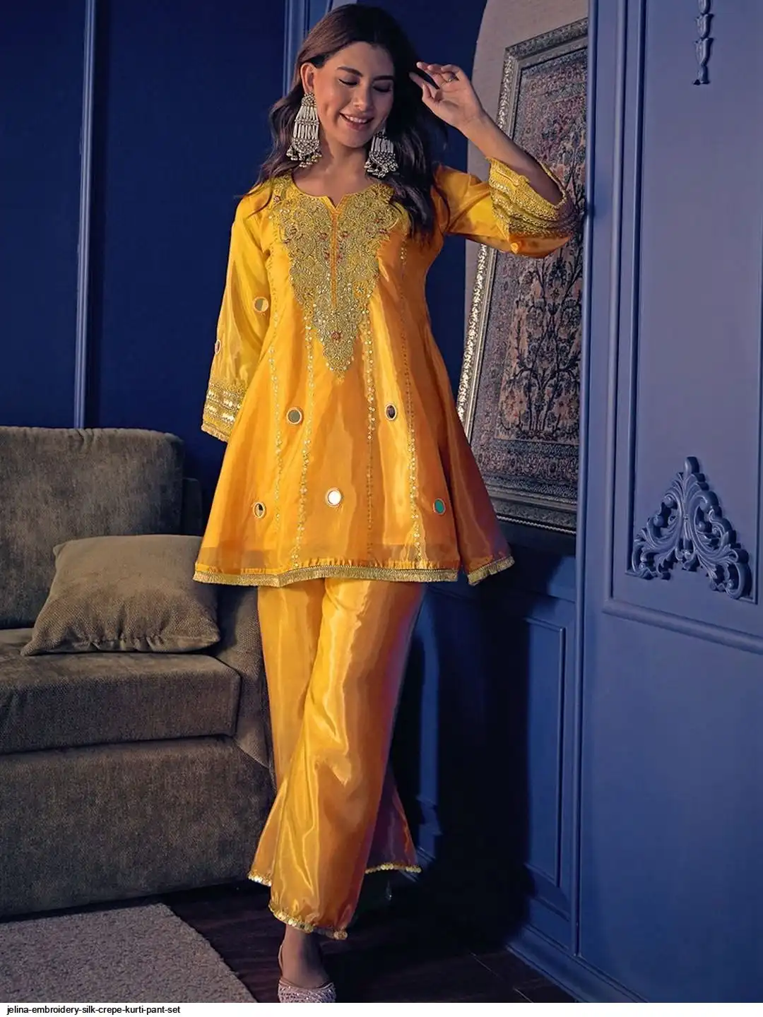 JELINA EMBROIDERY SILK CREPE KURTI PANT SET C