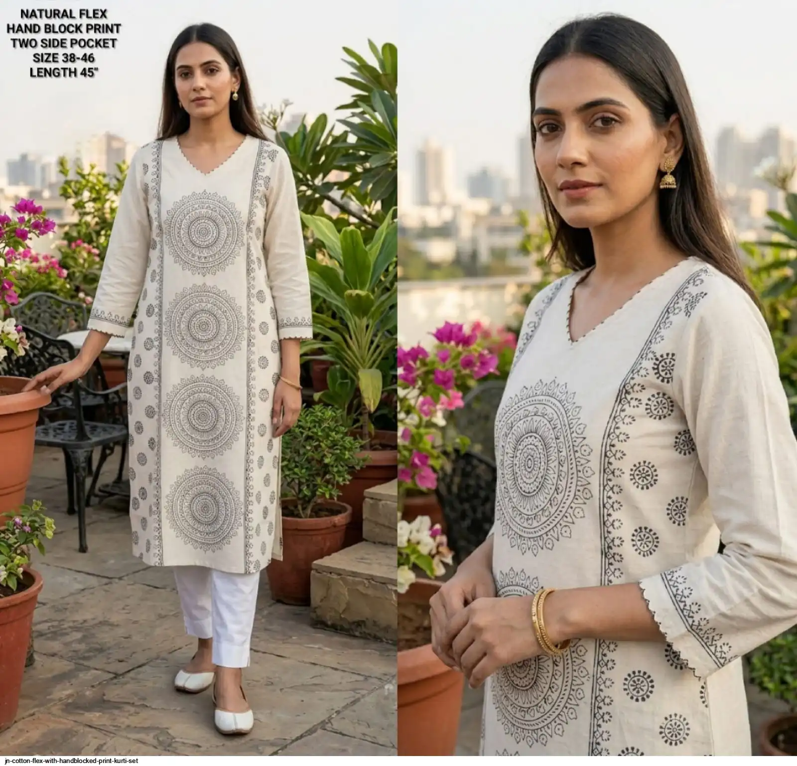 JN COTTON FLEX WITH HANDBLOCKED PRINT KURTI SET F