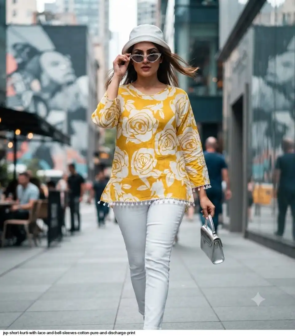 JSP SHORT KURTI WITH LACE AND BELL SLEEVES COTTON PURE AND DISCHARGE PRINT A