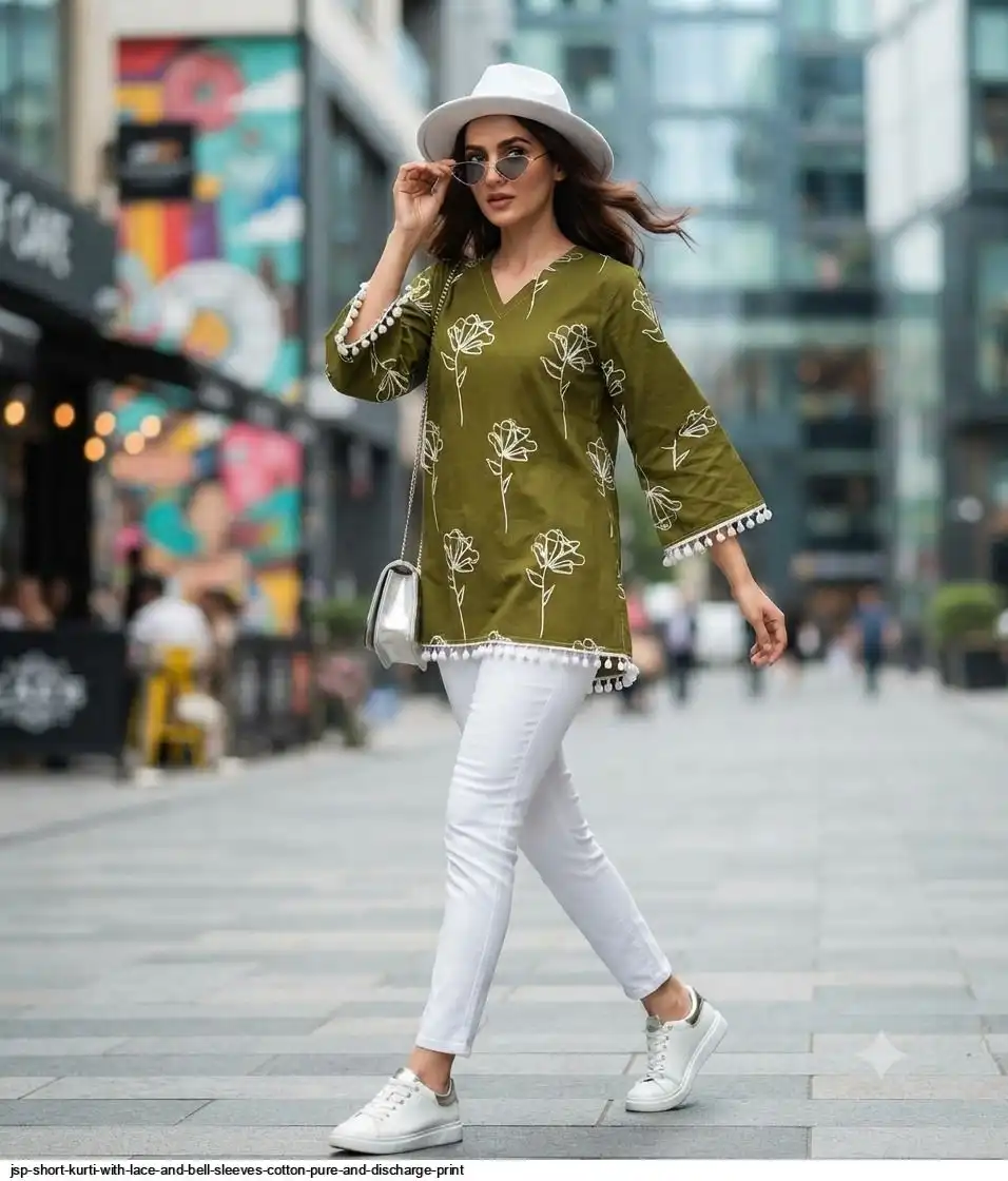 JSP SHORT KURTI WITH LACE AND BELL SLEEVES COTTON PURE AND DISCHARGE PRINT B