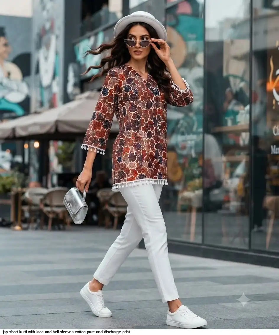 JSP SHORT KURTI WITH LACE AND BELL SLEEVES COTTON PURE AND DISCHARGE PRINT D