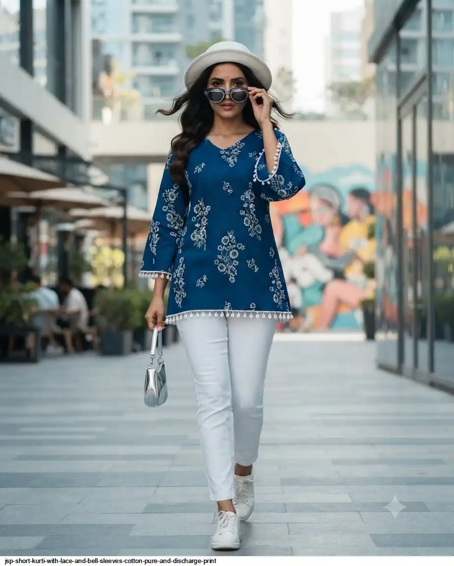 JSP SHORT KURTI WITH LACE AND BELL SLEEVES COTTON PURE AND DISCHARGE PRINT C