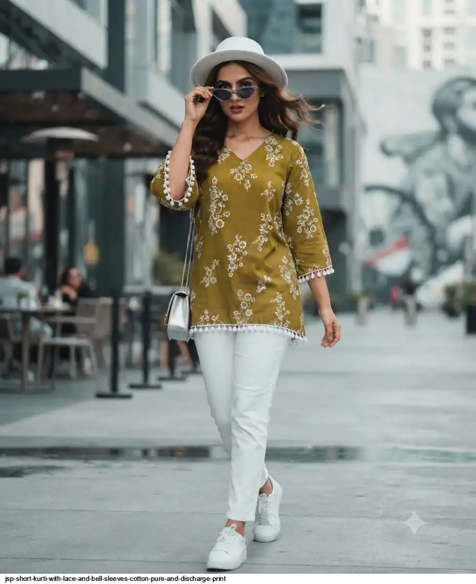 JSP SHORT KURTI WITH LACE AND BELL SLEEVES COTTON PURE AND DISCHARGE PRINT F