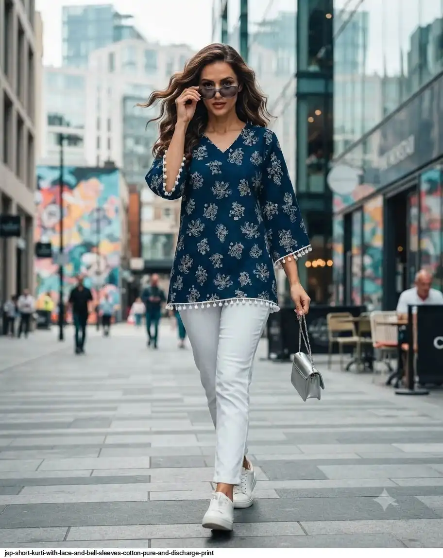JSP SHORT KURTI WITH LACE AND BELL SLEEVES COTTON PURE AND DISCHARGE PRINT E