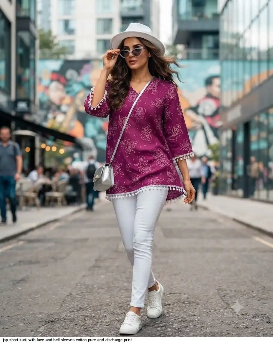 JSP SHORT KURTI WITH LACE AND BELL SLEEVES COTTON PURE AND DISCHARGE PRINT G