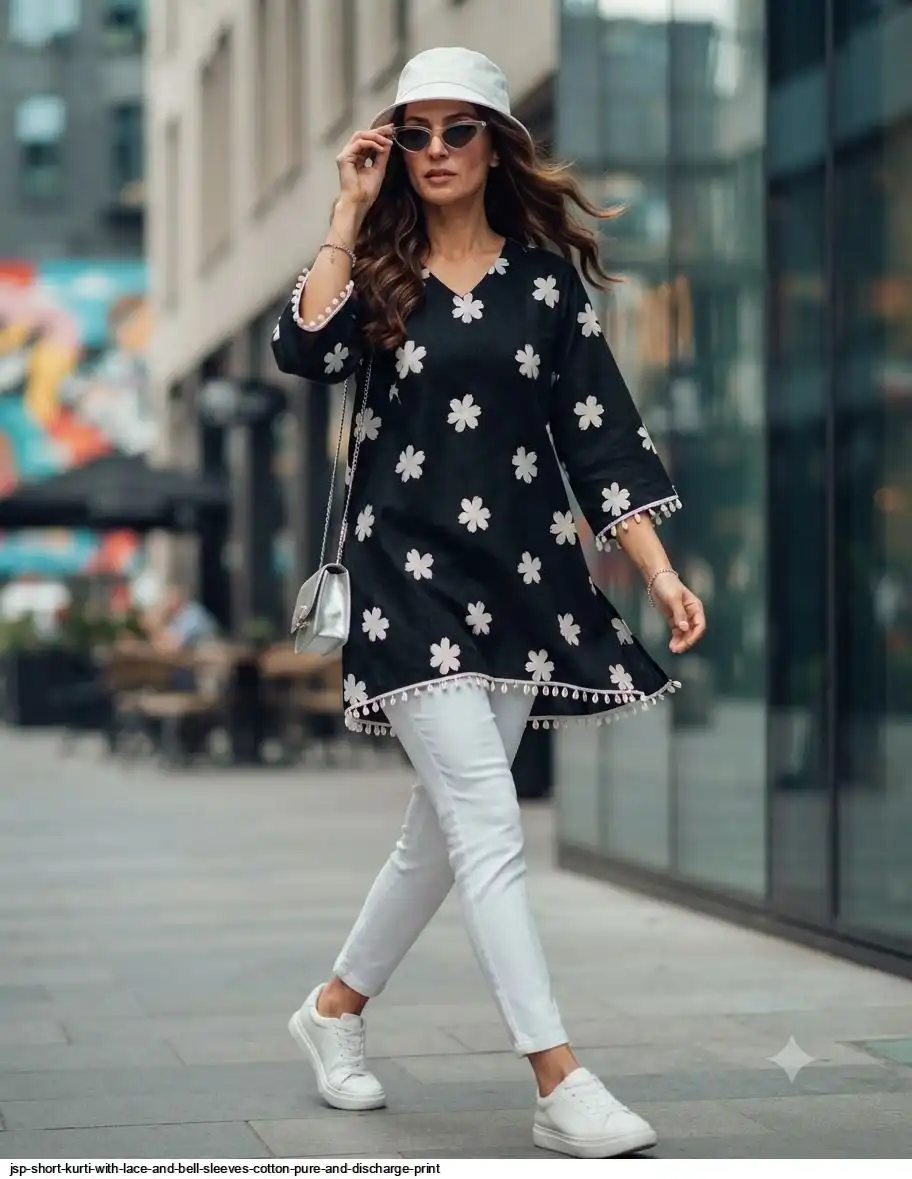 JSP SHORT KURTI WITH LACE AND BELL SLEEVES COTTON PURE AND DISCHARGE PRINT I