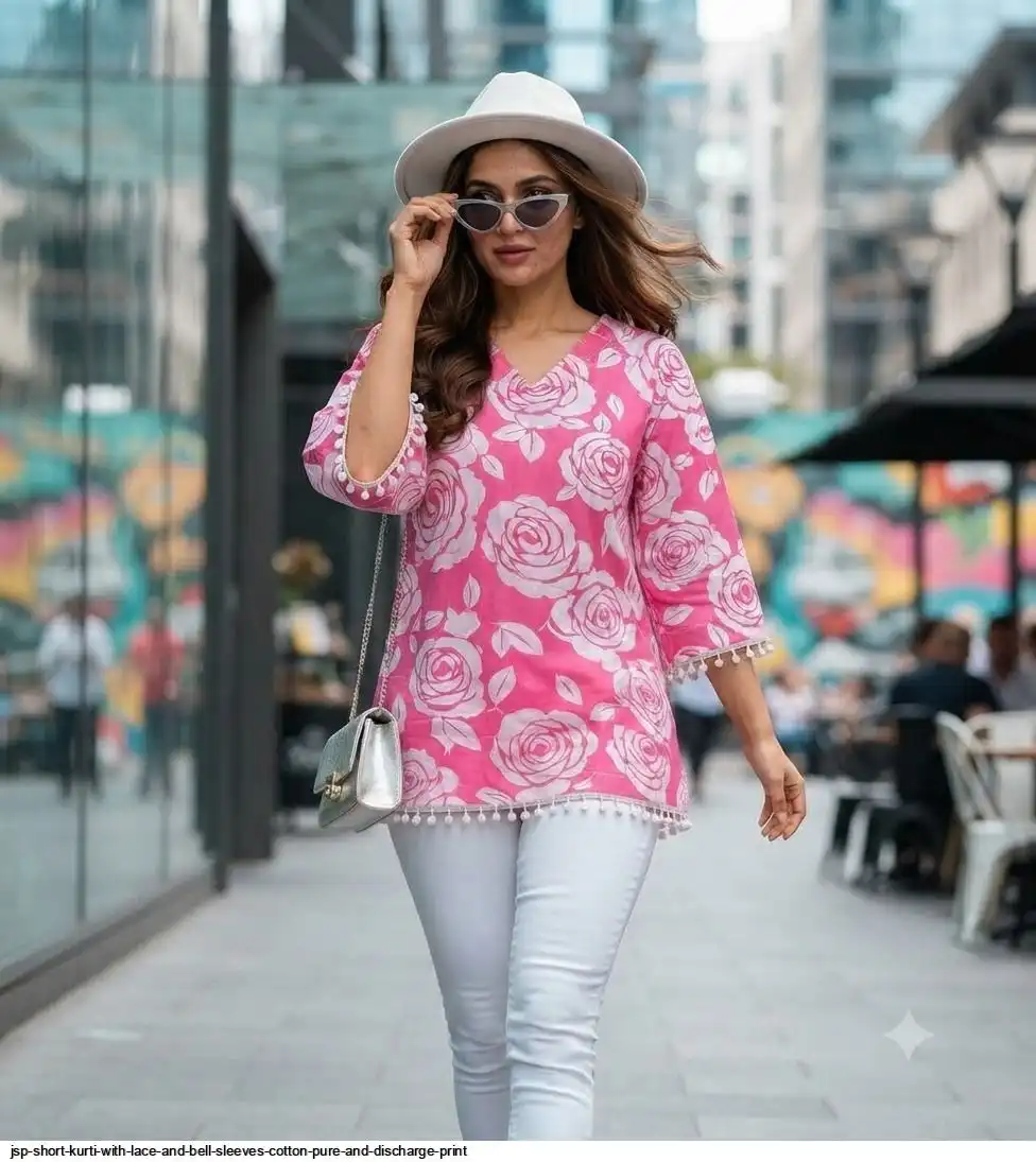 JSP SHORT KURTI WITH LACE AND BELL SLEEVES COTTON PURE AND DISCHARGE PRINT H