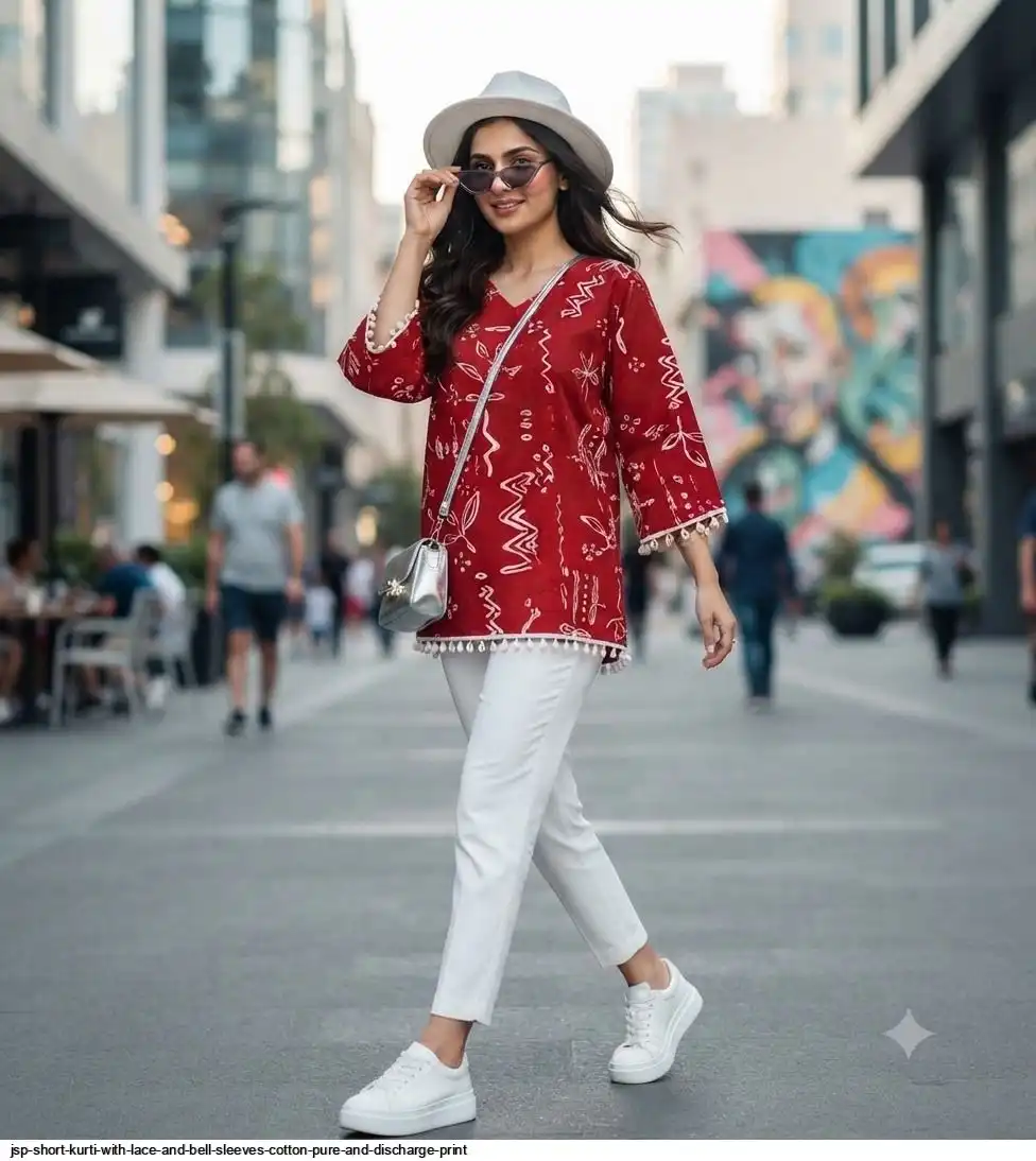 JSP SHORT KURTI WITH LACE AND BELL SLEEVES COTTON PURE AND DISCHARGE PRINT J