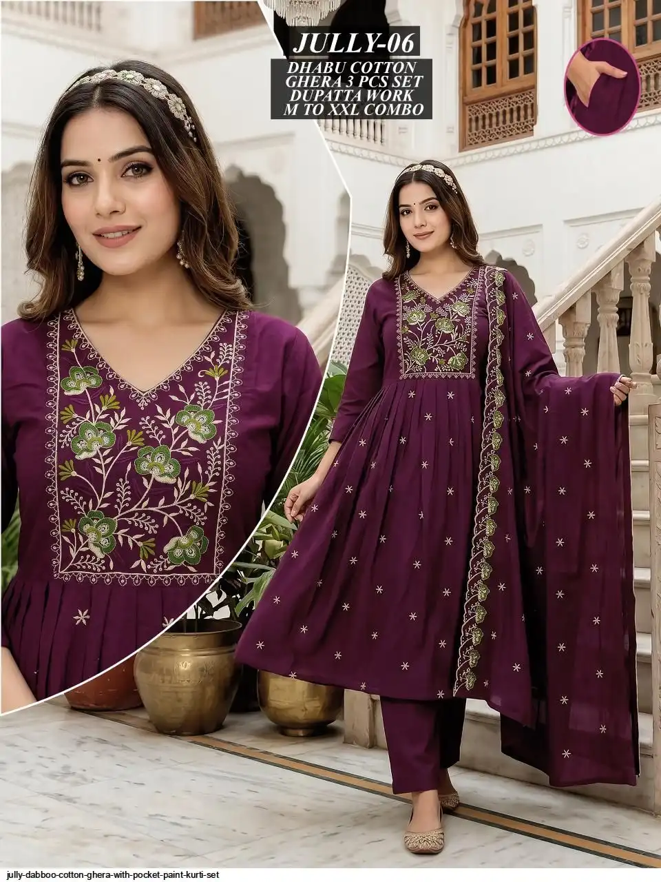 JULLY DABBOO COTTON GHERA WITH POCKET PAINT KURTI SET 06