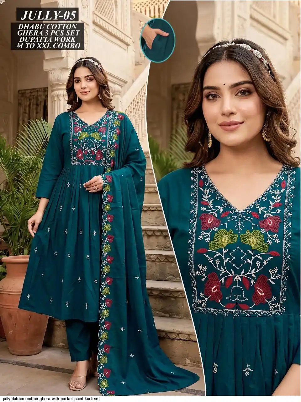 JULLY DABBOO COTTON GHERA WITH POCKET PAINT KURTI SET 05